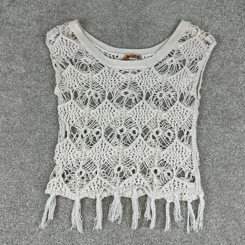 Mudd Crochet Knit Tank Top Womens Medium Cream Excellent Boho Tassel Fringe Boho
